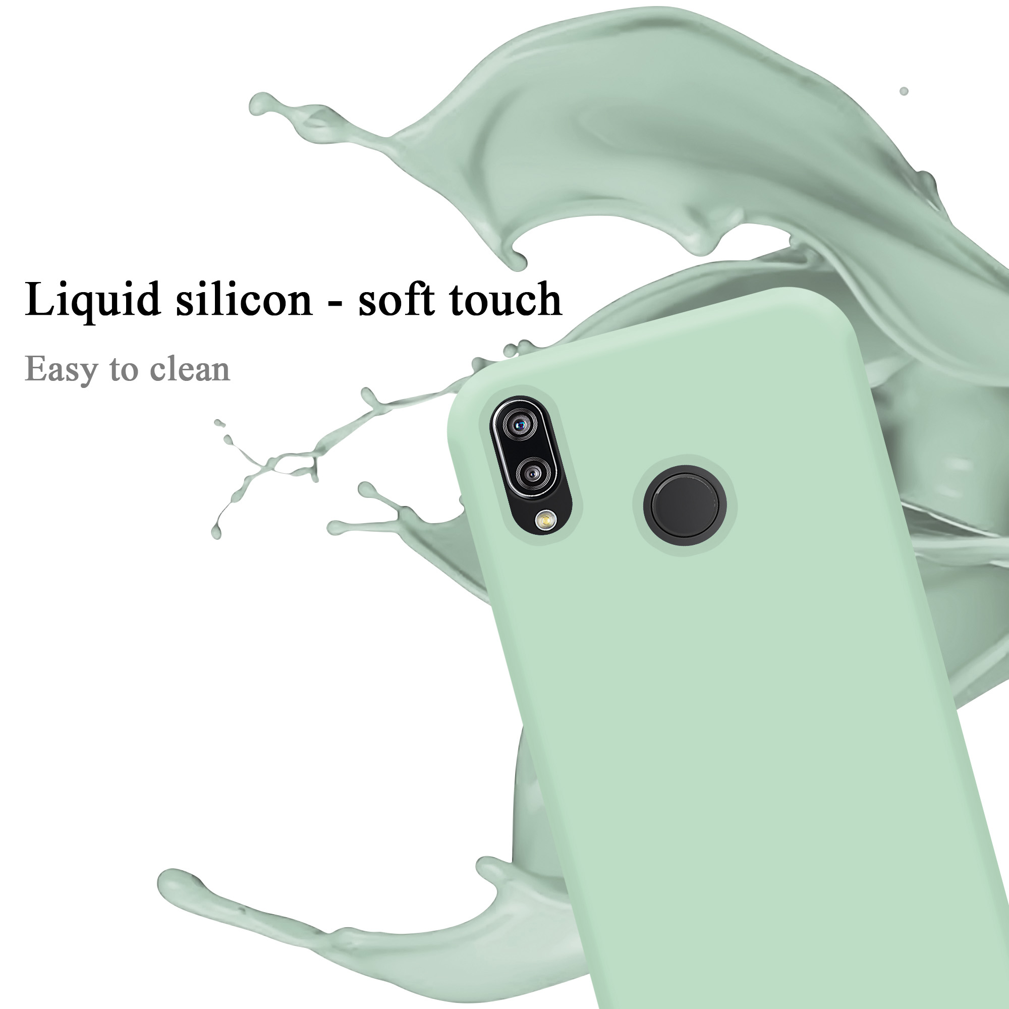 Minzgrüne Handyhülle. Telefon mit Kamera. Weißer Hintergrund mit Spritzern.