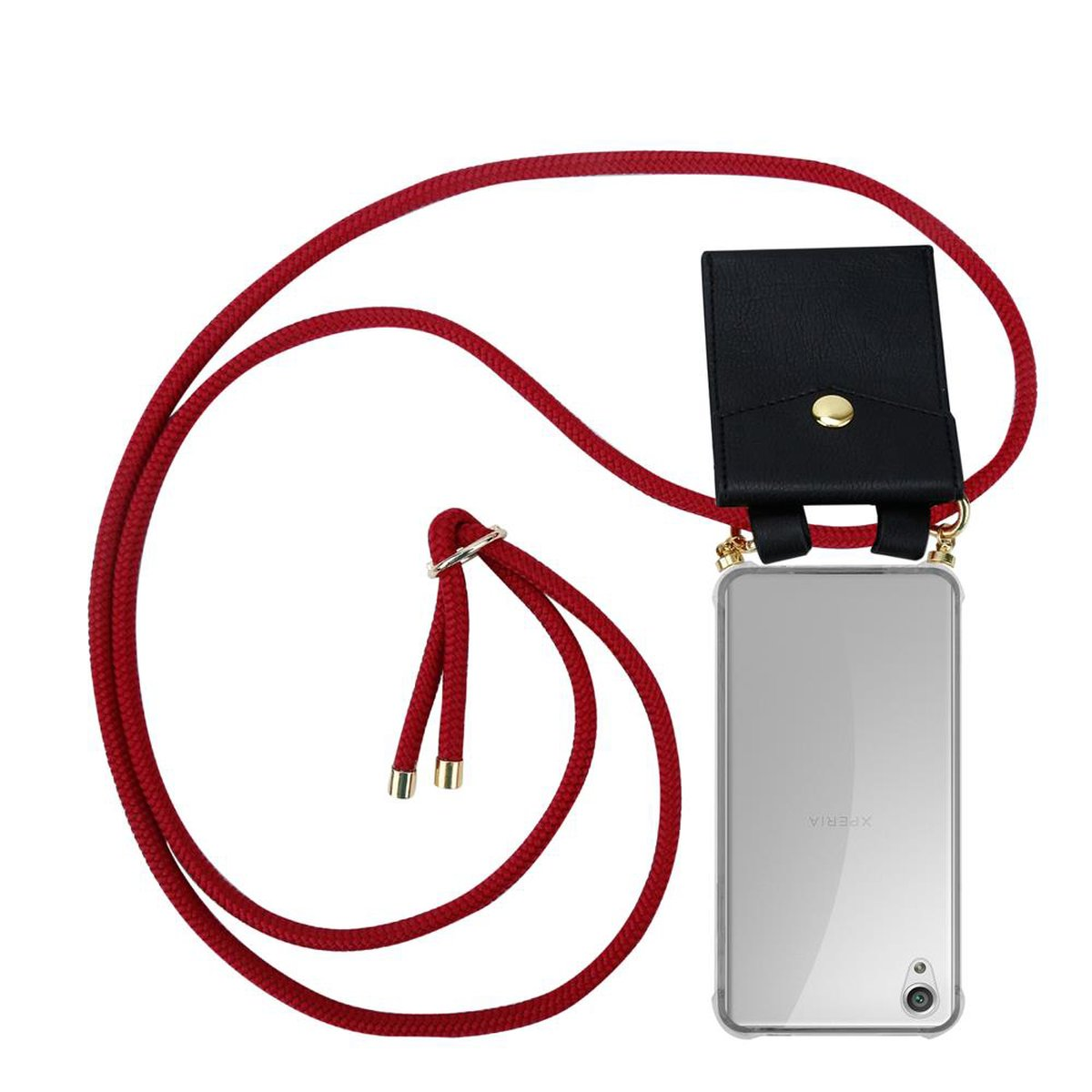 Ein Telefon mit rotem Riemen und schwarzer Ledertasche. Das Telefon befindet sich in einer transparenten Hülle.