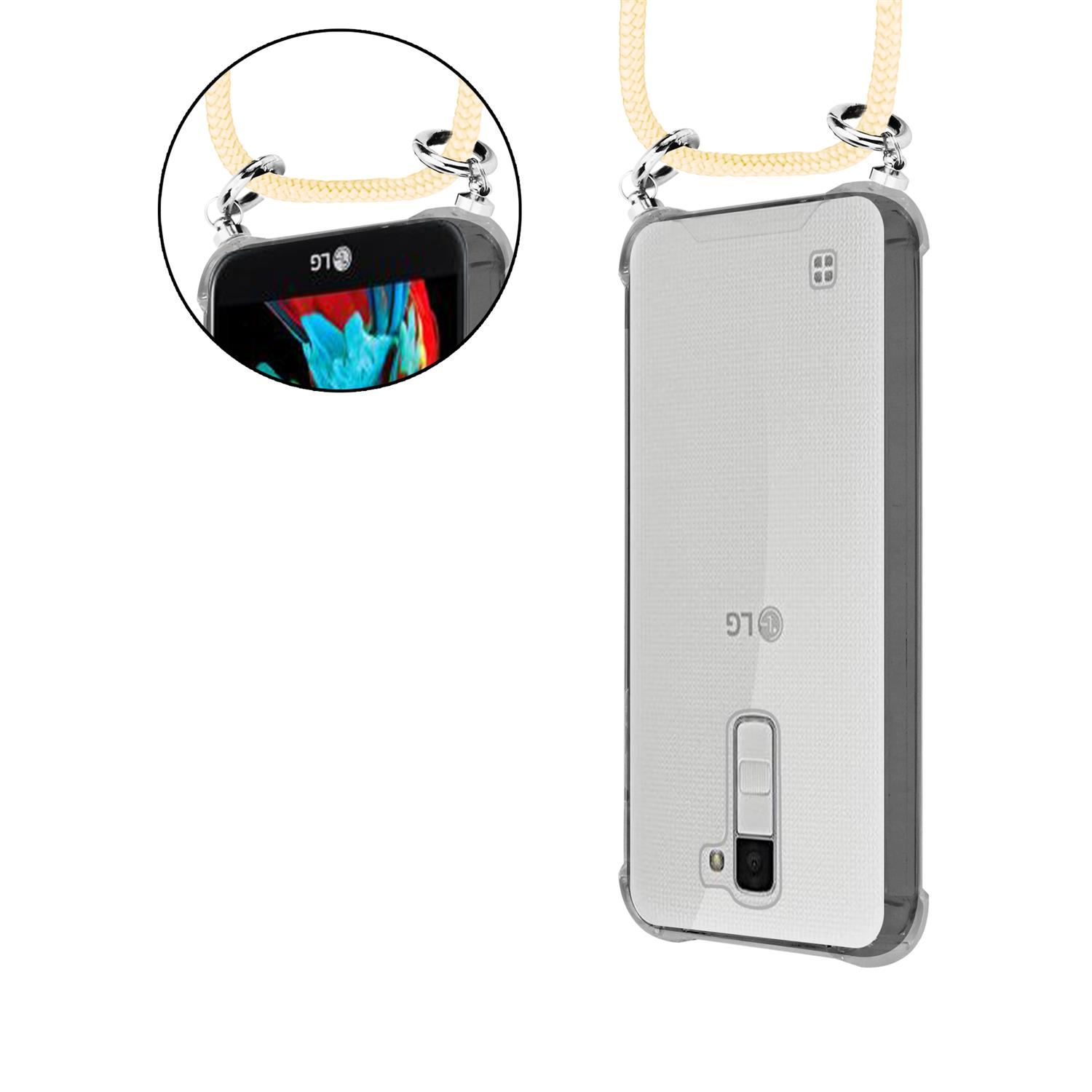 Ein Telefon mit durchsichtiger Hülle und einem cremefarbenen Schlüsselband, das Telefon ist sichtbar.