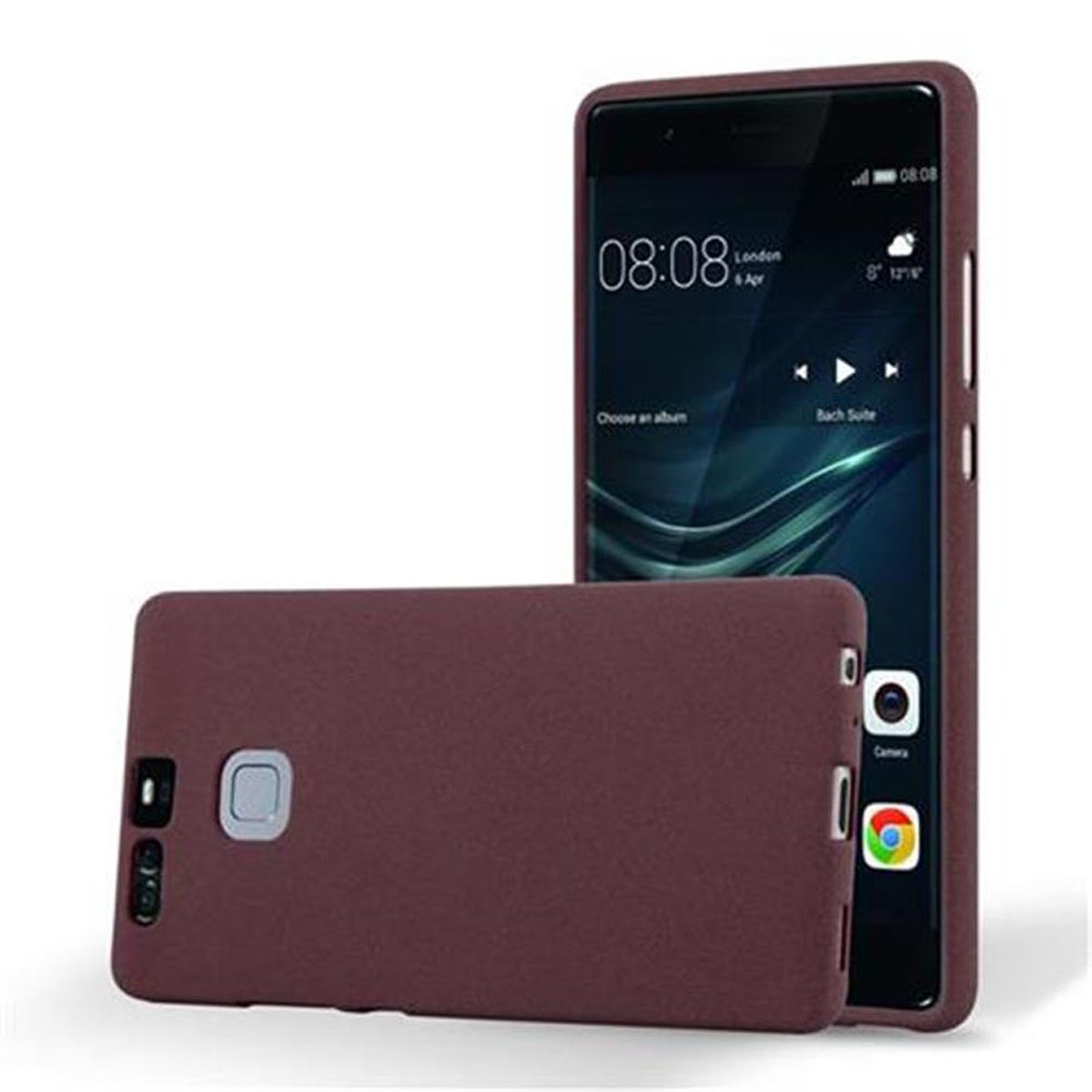 Zwei weinrote Telefonhüllen, eine offen mit rosa Innenausstattung, und ein Telefon mit Uhrzeit und Datum.
