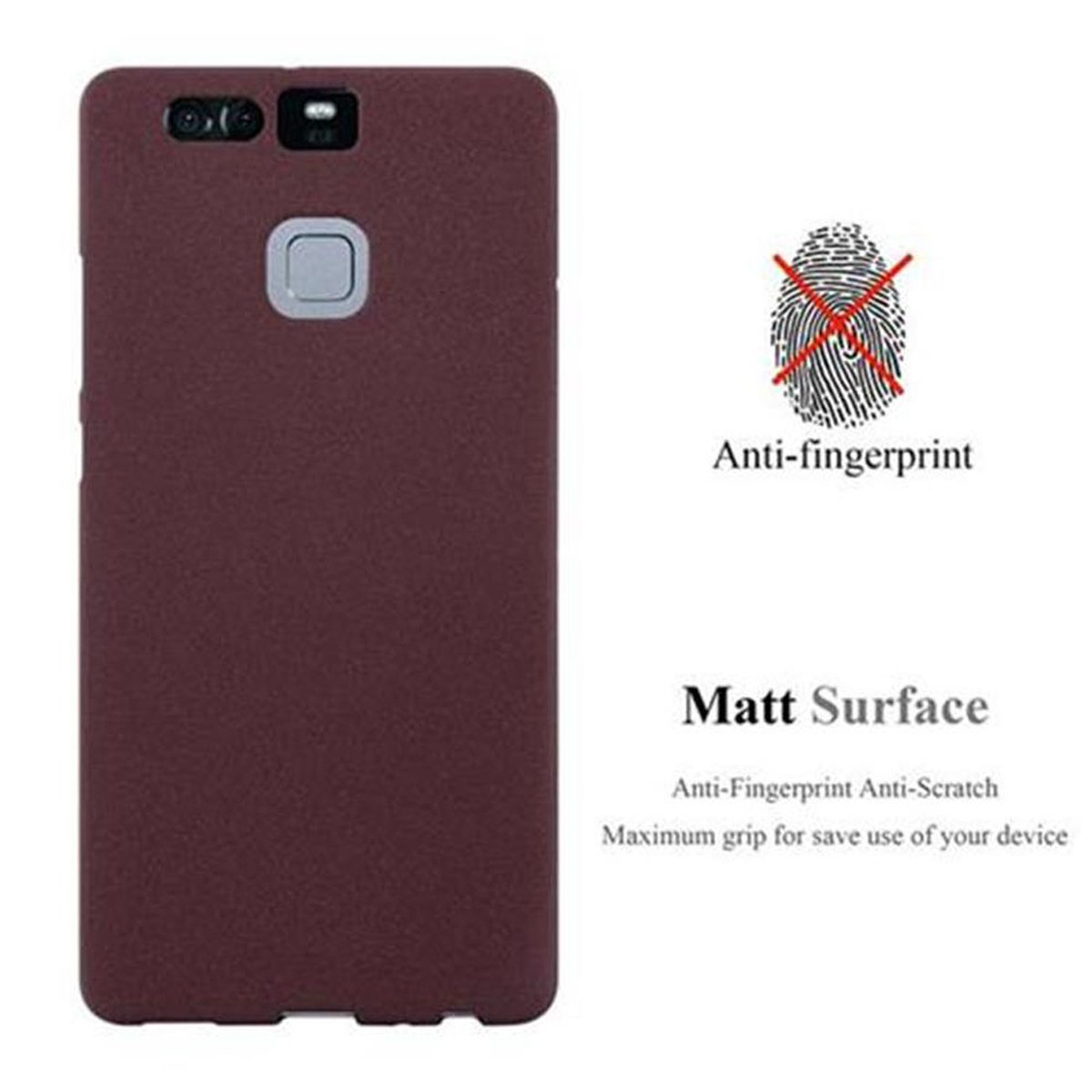 Bordeauxrote Handyhülle mit durchgestrichenem Fingerabdrucksymbol und Text 'Matt Surface', 'Anti-Fingerprint'.