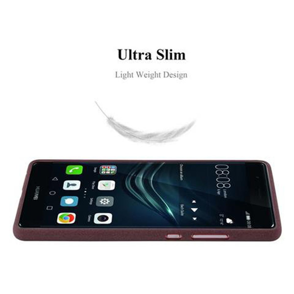 Ein Telefon in einer Hülle. Das Telefon zeigt den Startbildschirm und die Hülle ist weinrot.
