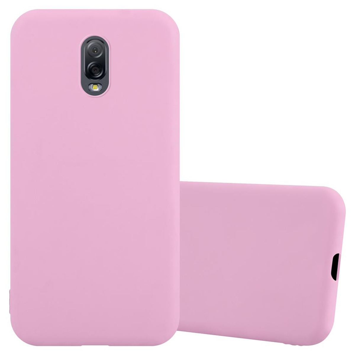 Funda de teléfono rosa. Dos fundas, una vertical, otra plana. Lente de la cámara visible.