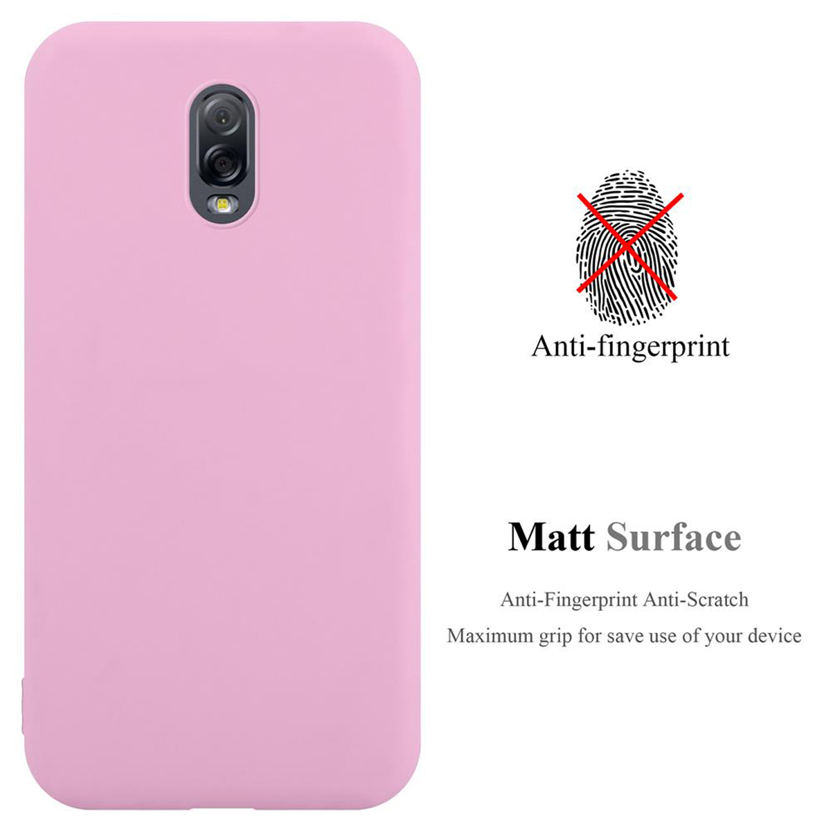 Funda de teléfono rosa con fondo rosa, con texto "Antihuellas" y "Superficie mate".