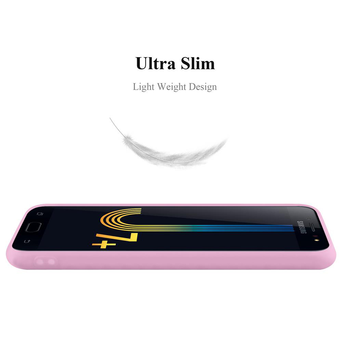 Funda rosa para teléfono con ilustración de pluma y texto: Ultra Slim, Light Weight Design.