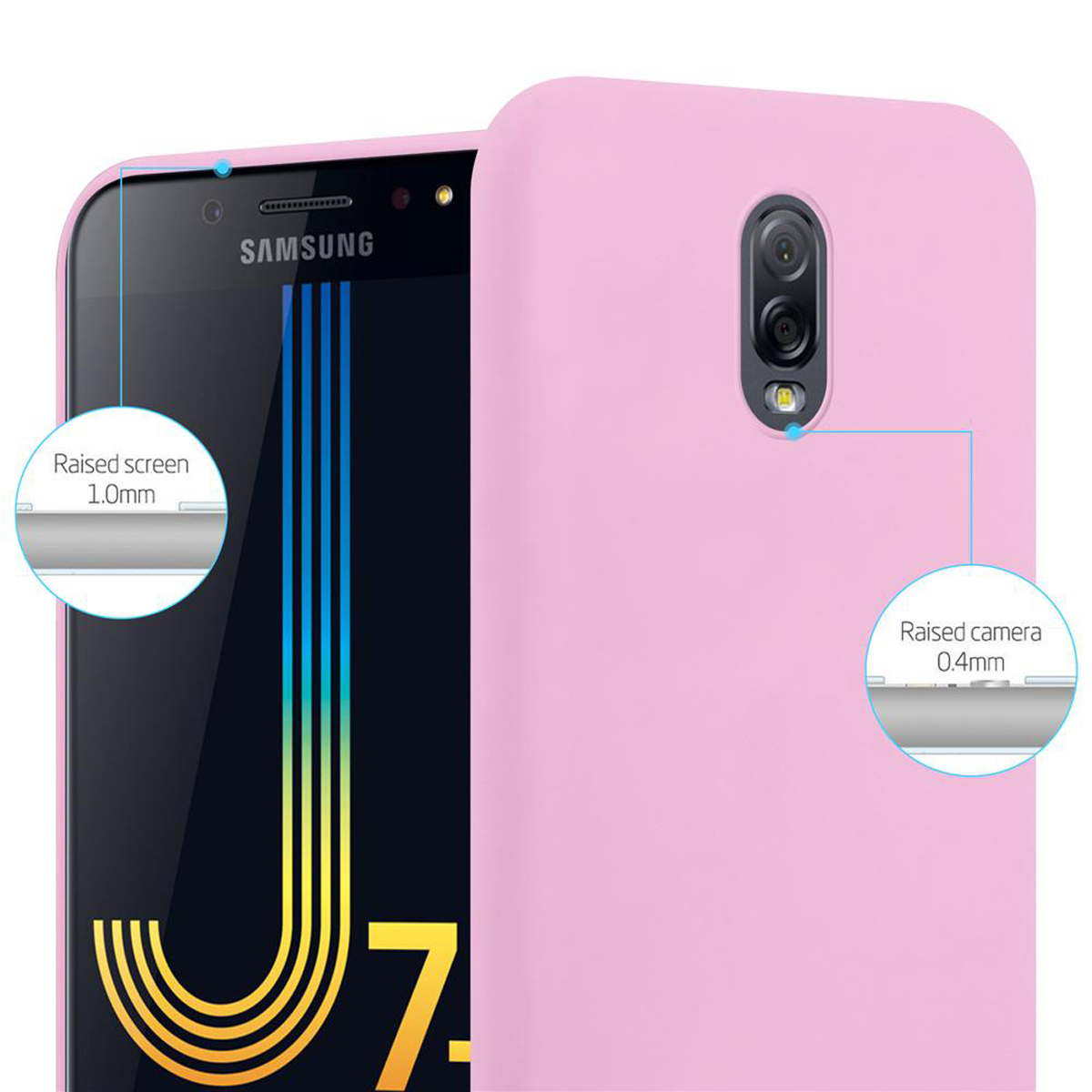 Funda rosa con teléfono. Pantalla y cámara elevadas resaltadas con etiquetas.