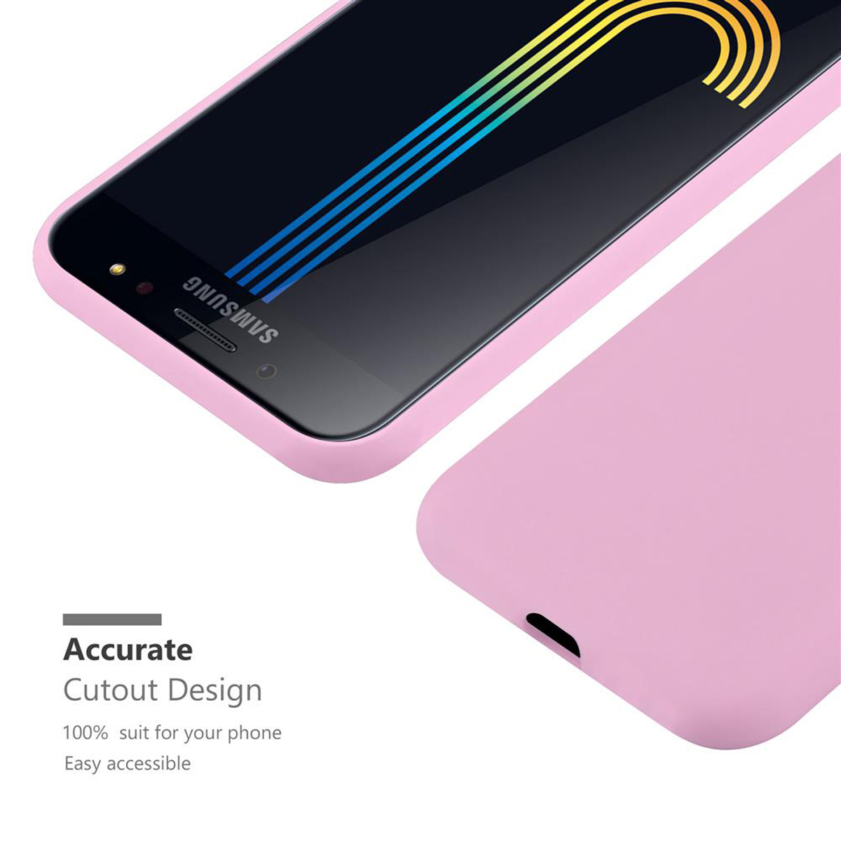 Una funda de teléfono rosa con un teléfono y las palabras 'Accurate Cutout Design'.