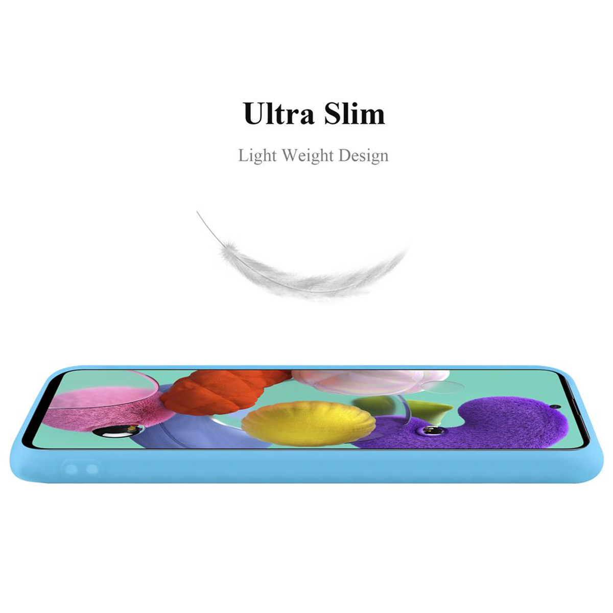 Una custodia per telefono azzurra con una grafica a piuma e le parole 'Ultra Slim', su sfondo bianco.