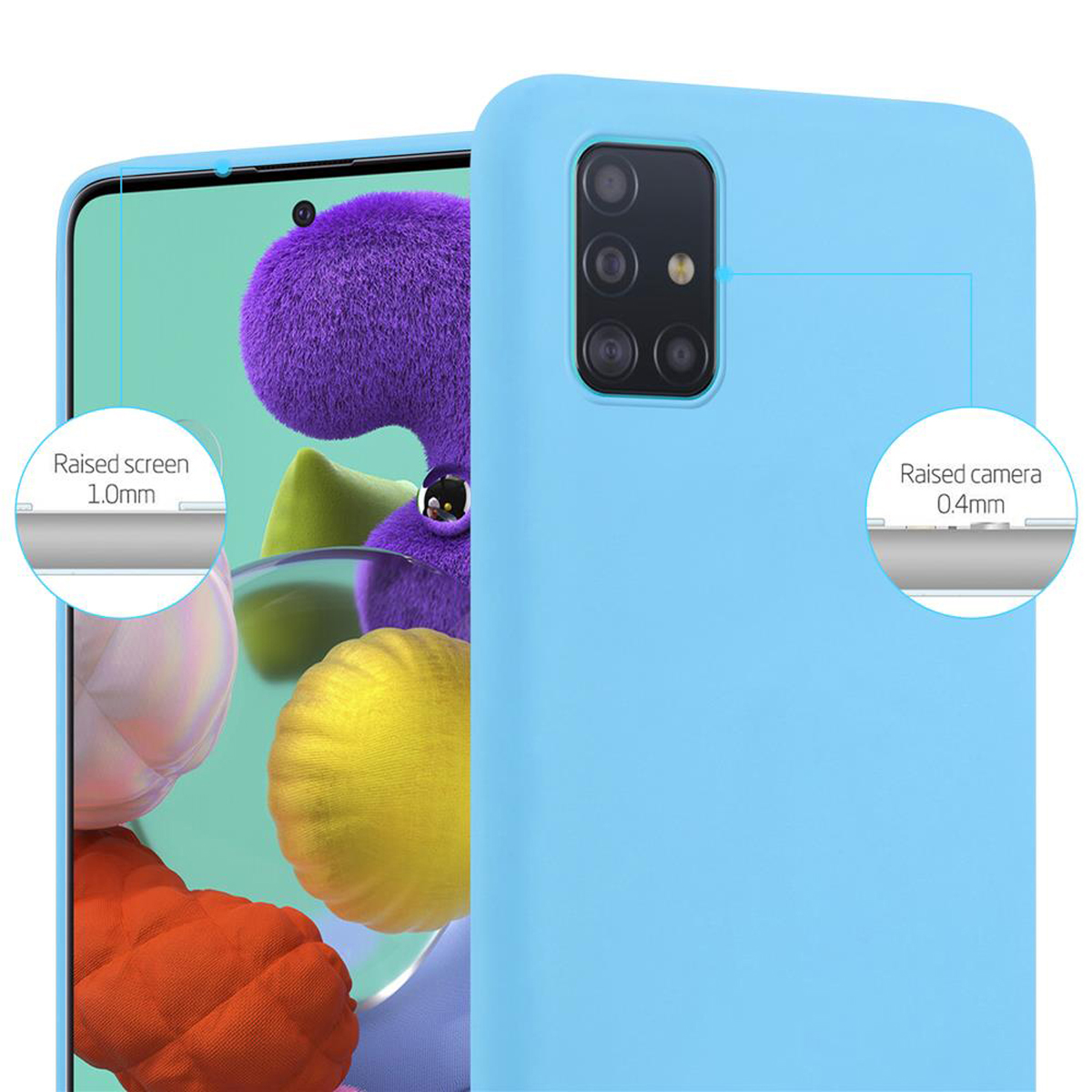Viene mostrata una custodia per telefono con un design blu. Lo sfondo è bianco.