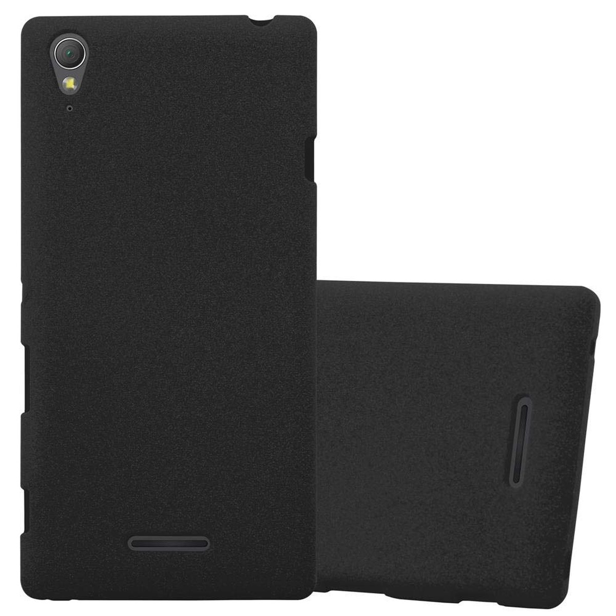 Funda de teléfono negra. Dos fundas, una vertical, otra plana. Lente de la cámara visible.