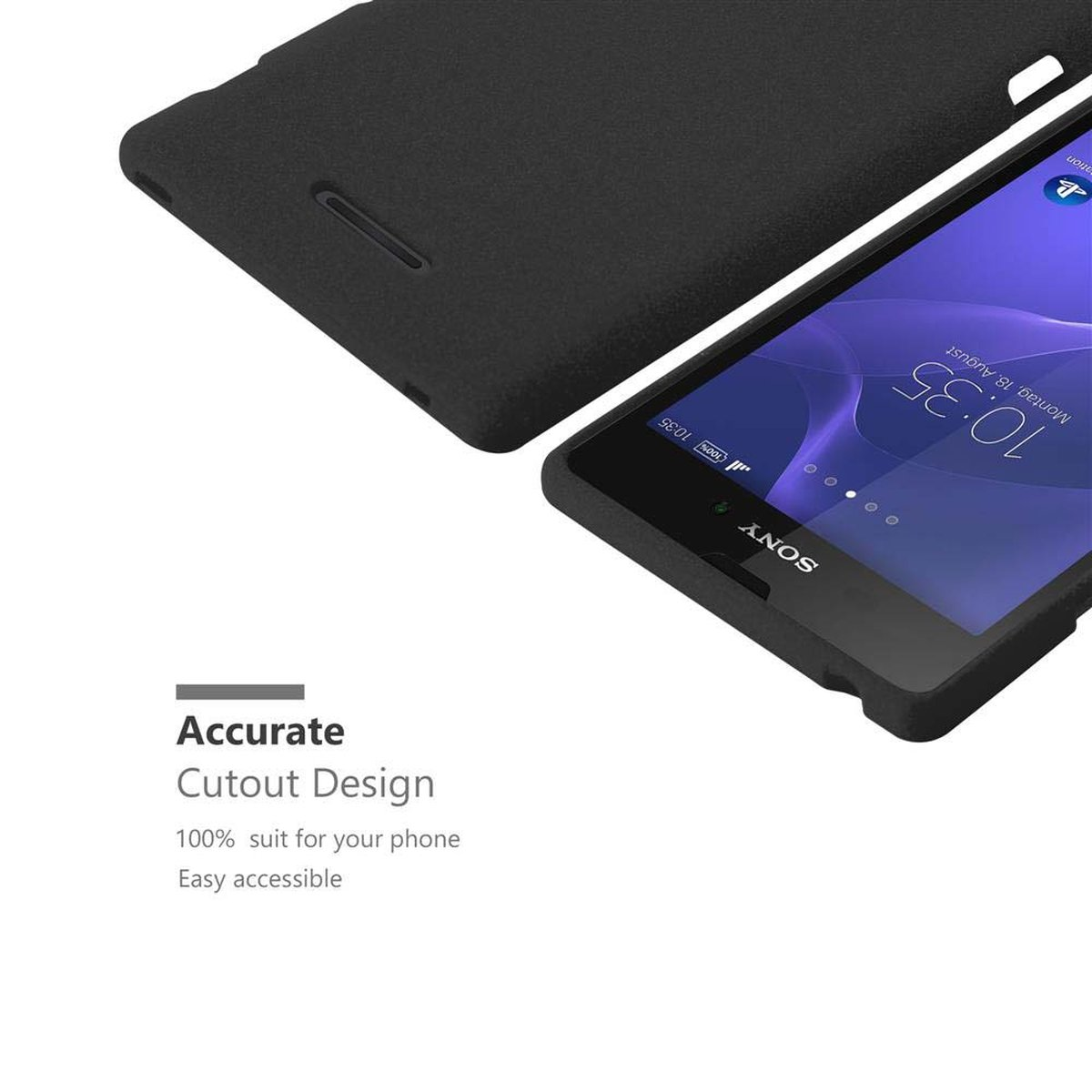 Funda de teléfono y teléfono negros. Texto: Diseño de recorte preciso, 100% apto.