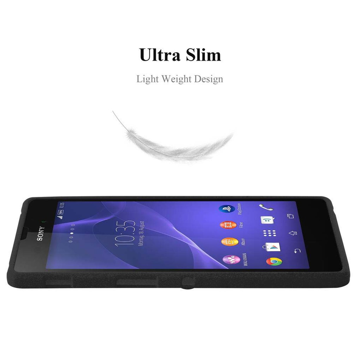 Un teléfono negro con una funda negra sobre una superficie blanca. La funda tiene las palabras Ultra Slim y Light Weight Design.
