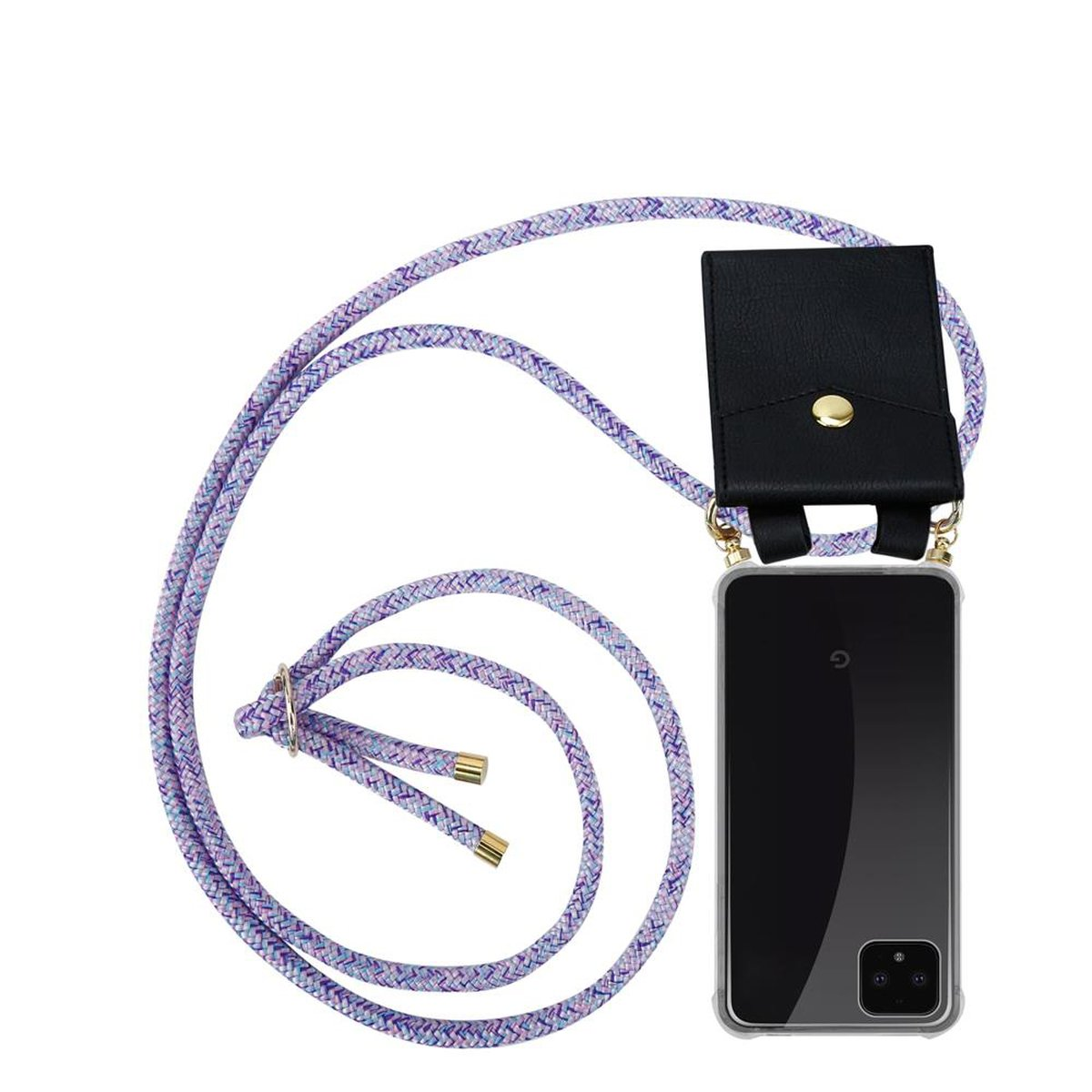 Handyhülle mit Lanyard. Schwarze Hülle auf transparentem Telefon. Lila und blaues Seil. Weißer Hintergrund.
