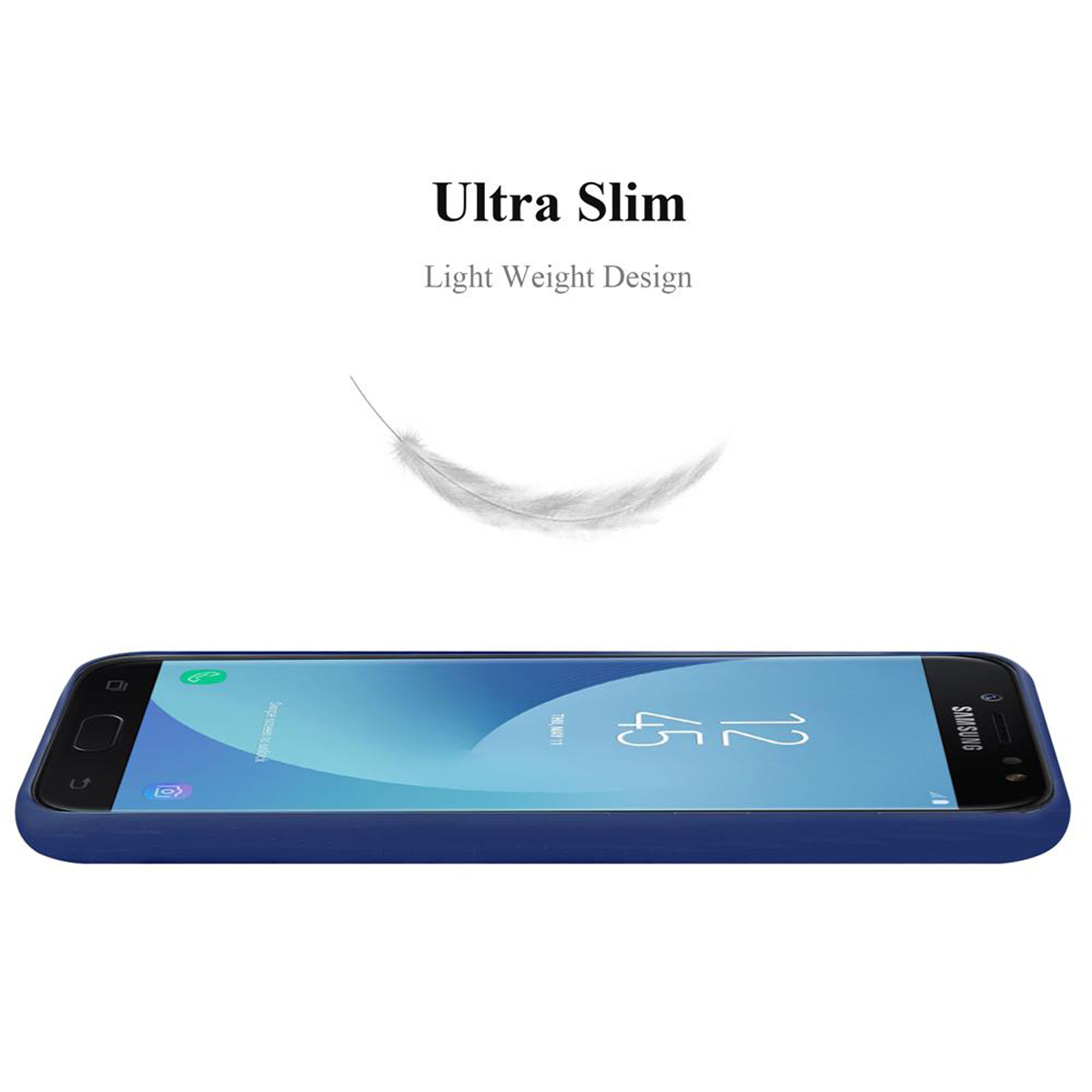 Custodia per telefono blu, ultrasottile. Grafica di piuma bianca. Design leggero.