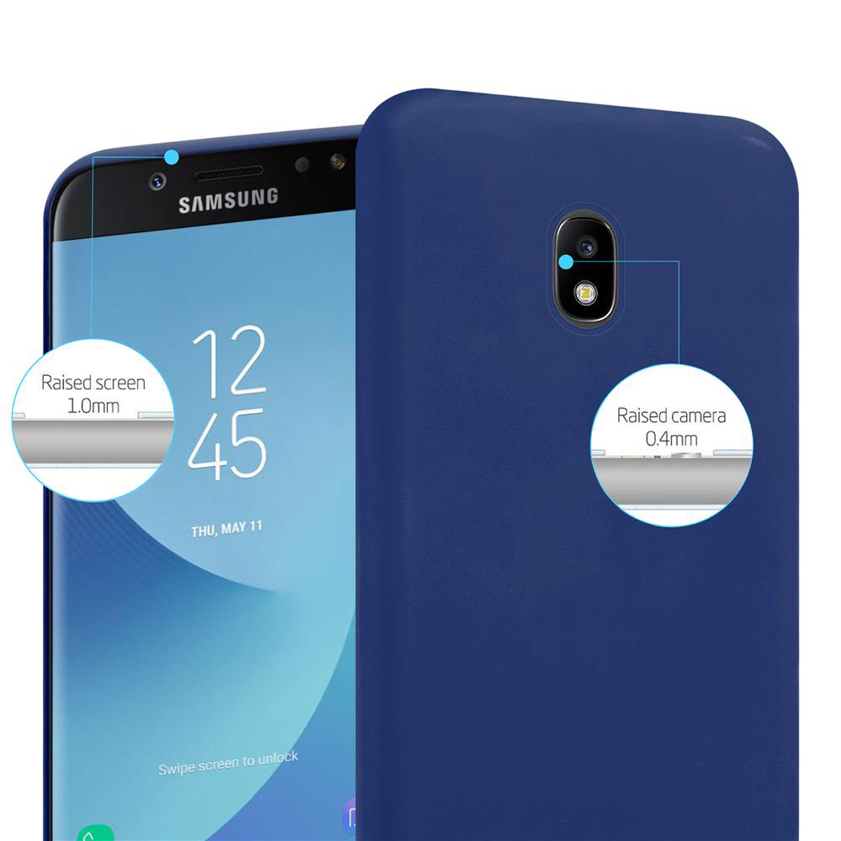 Telefono in custodia blu, con bordi rialzati per schermo e fotocamera per protezione. Il testo evidenzia queste caratteristiche.