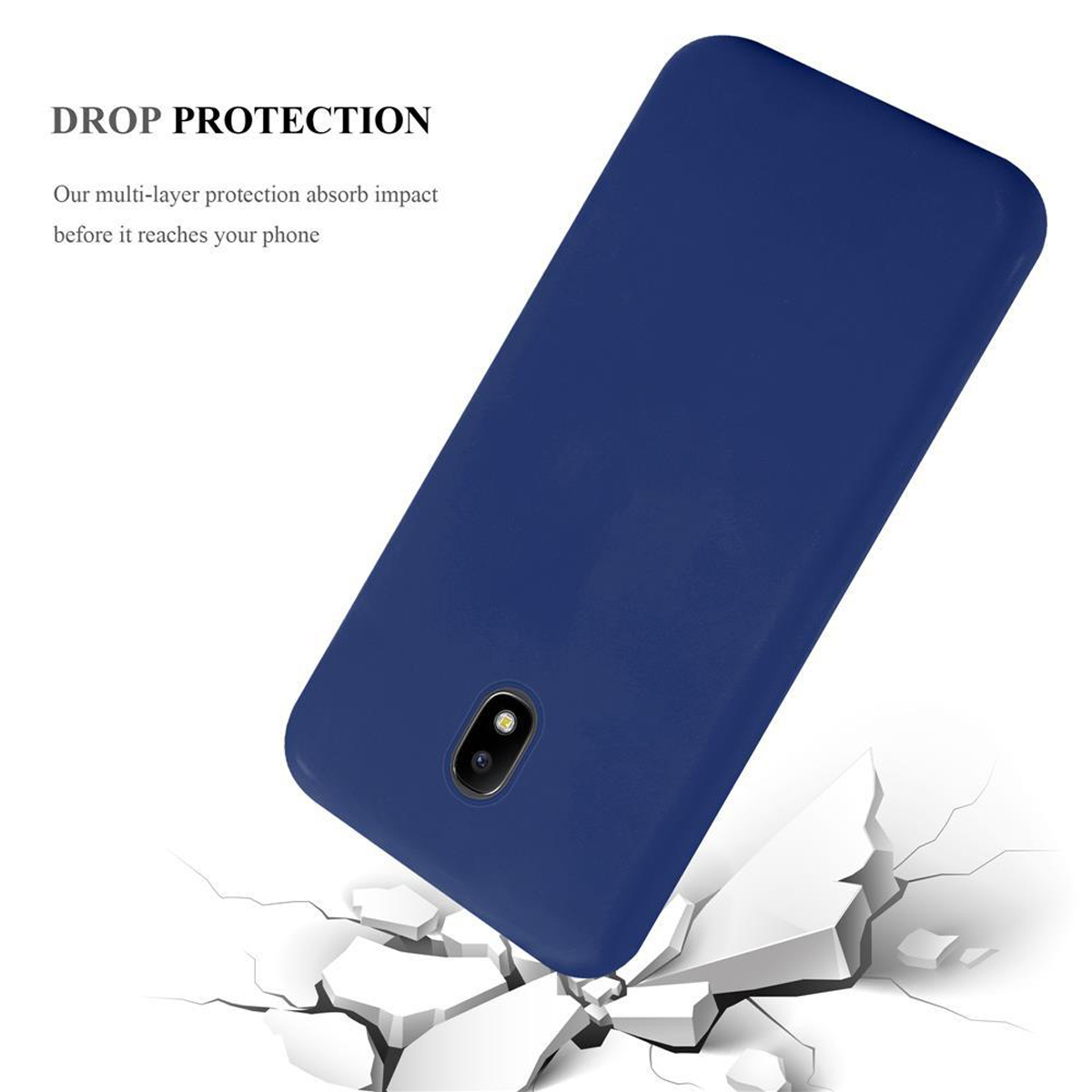 Una custodia per telefono blu scuro che cade, crepe sul terreno. Testo: 'Protezione dalle cadute.'