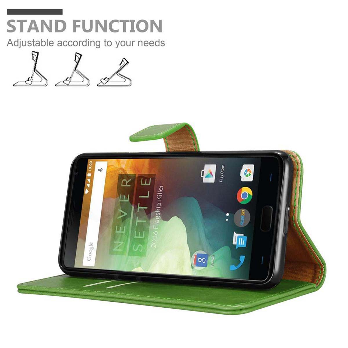 Custodia per telefono con funzione stand. Le icone dello stand sono visibili. Sfondo bianco.