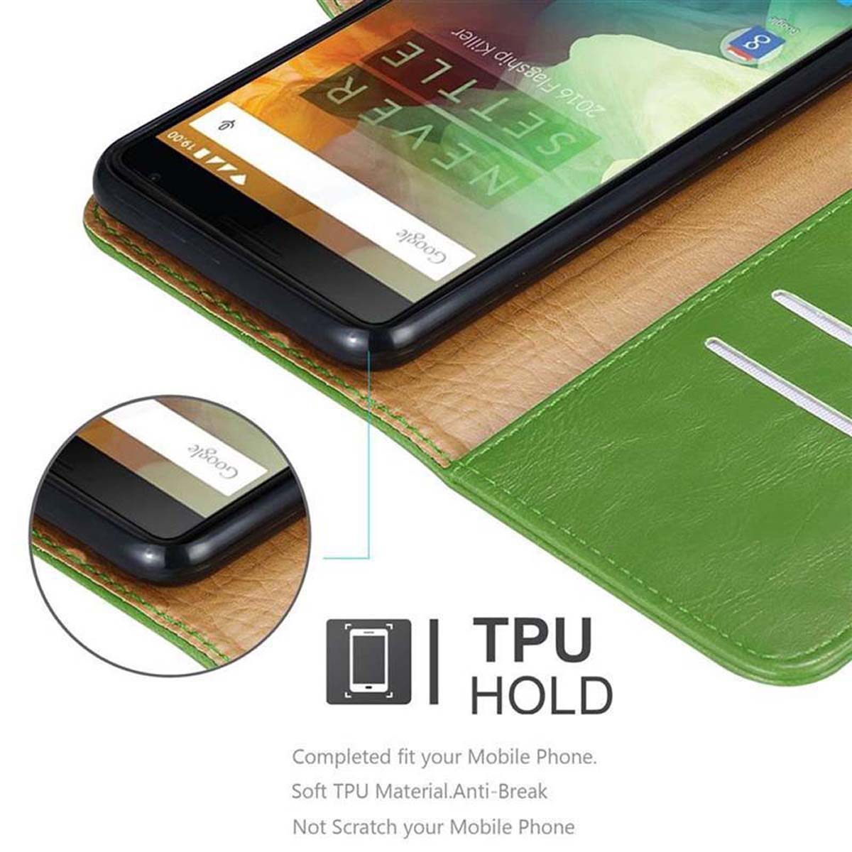 Un telefono in una custodia verde, con un primo piano che mostra il bordo del telefono. Il testo recita 'TPU HOLD' e 'Not Scratch Mobile Phone'.