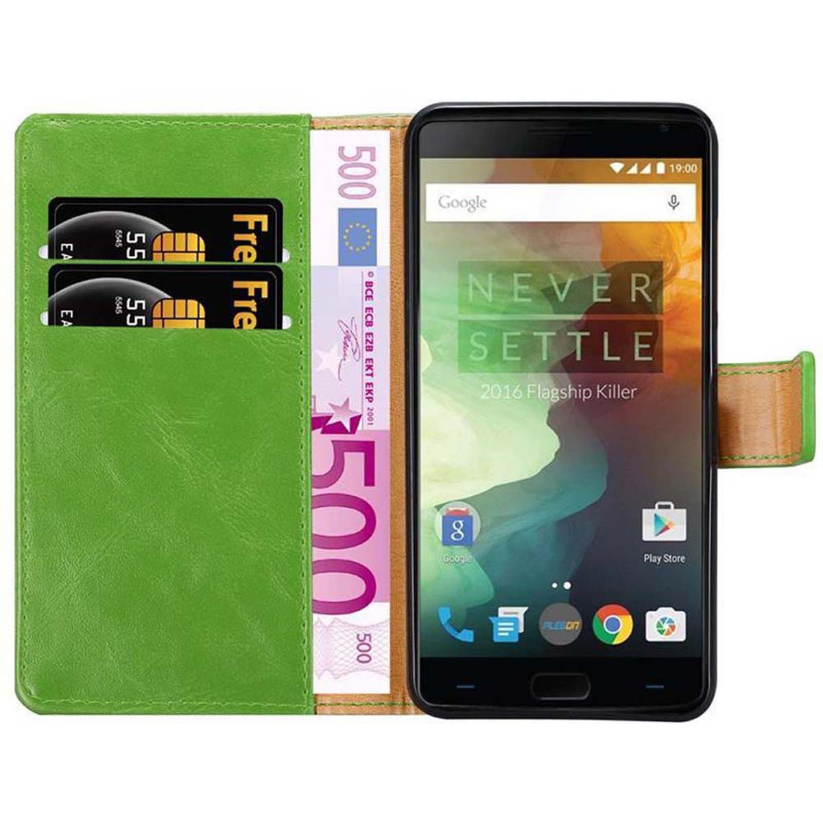 Telefono in una custodia a portafoglio verde, con carte di credito e banconote in euro visibili, schermo acceso.