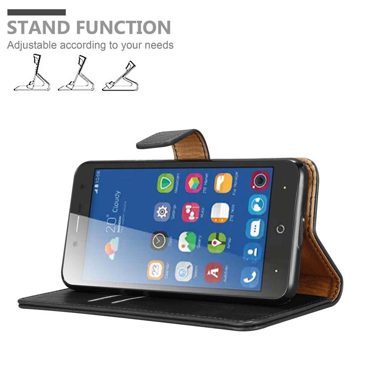 Telefon in einer Hülle. Das Telefon ist geöffnet. Text: Standfunktion. Die Hülle ist schwarz und braun. Weißer Hintergrund.