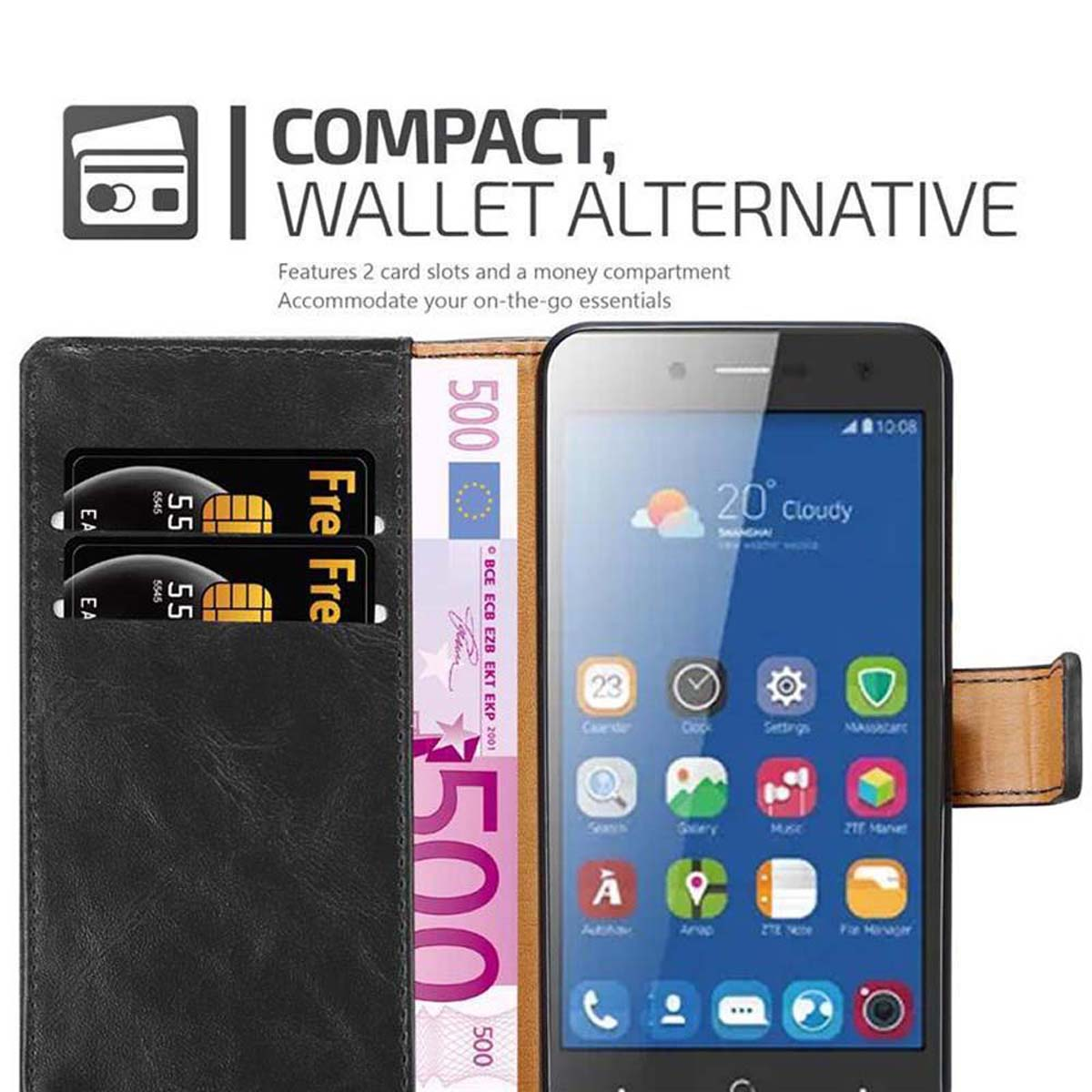 Eine Handyhülle mit einem Telefon und einer Geldbörse, mit dem Text "COMPACT, WALLET ALTERNATIVE".
