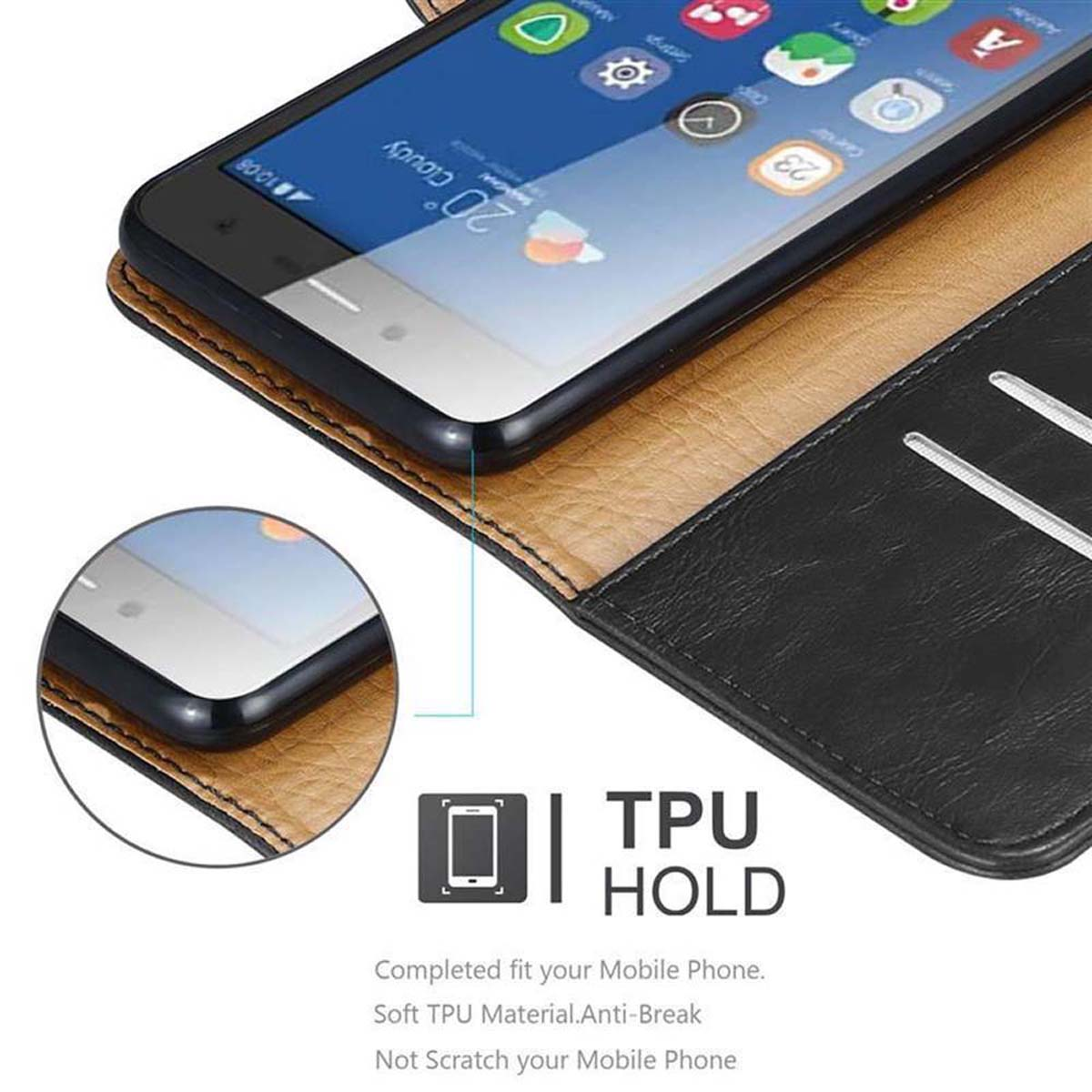 Geöffnete Handyhülle, die ein Telefon zeigt. Zeigt Text über TPU-Halterung und Telefonschutz.