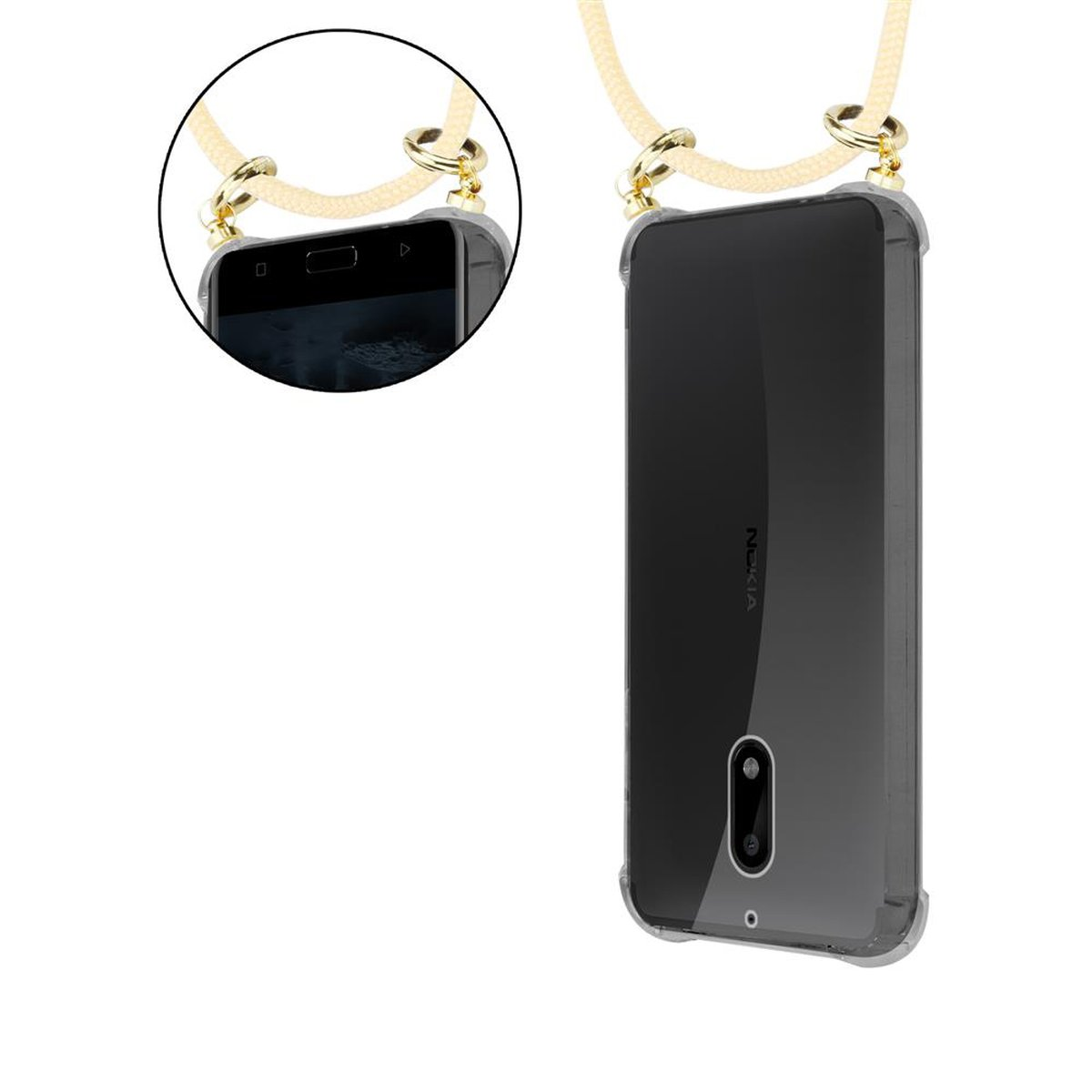 Telefon mit Riemen, Nahaufnahme des Telefons. Telefon befindet sich in einer transparenten Hülle. Telefon zeigt schwarzen Bildschirm.
