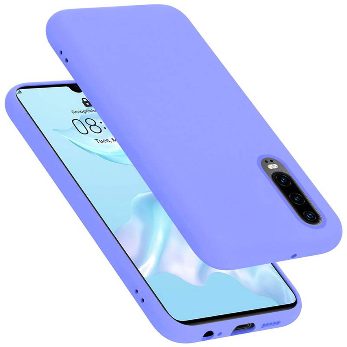 Lila Telefon mit Hülle. Display zeigt Uhrzeit. Obere Hülle im Hintergrund.