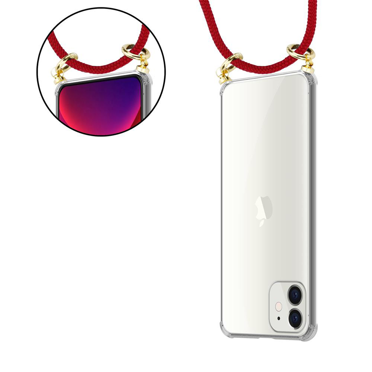 Un telefono in una custodia trasparente con un cinturino rosso, con un primo piano dell'attacco del cinturino.