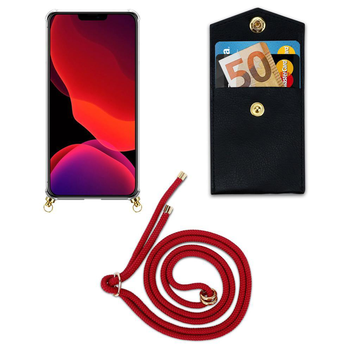 Telefono e portafoglio nero con carte e contanti, attaccati a una corda rossa. Lo schermo del telefono è rosso.