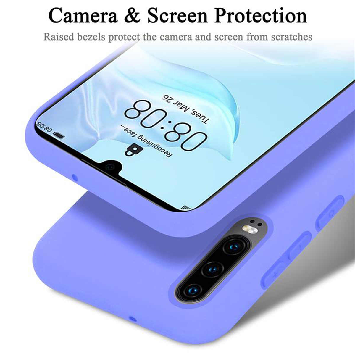Blaue Handyhülle mit Telefon, das die Uhrzeit anzeigt. Text: Kamera- und Bildschirmschutz.