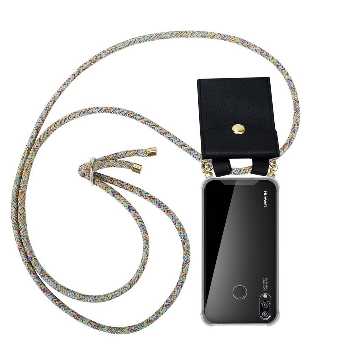 Telefono con custodia e cinturino. Il cinturino è multicolore. Custodia nera con bottone dorato.