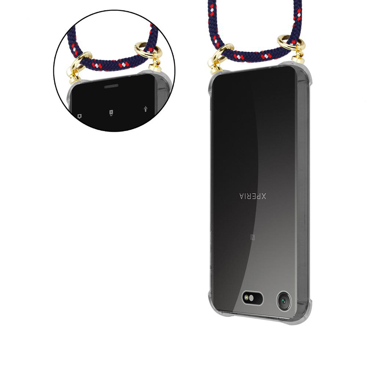 Telefon in klarer Hülle mit buntem Seil. Das Telefon ist schwarz.