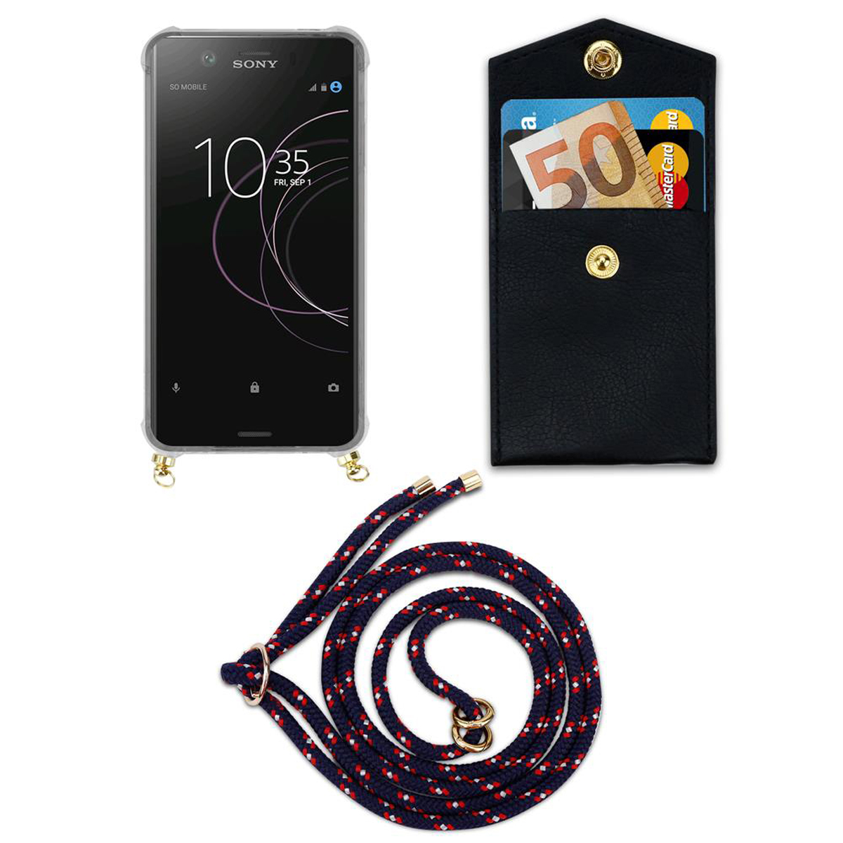 Handyhülle mit Telefon- und Geldbörsenbereich, Karten und Bargeld sichtbar, mit blau-rotem Riemen.