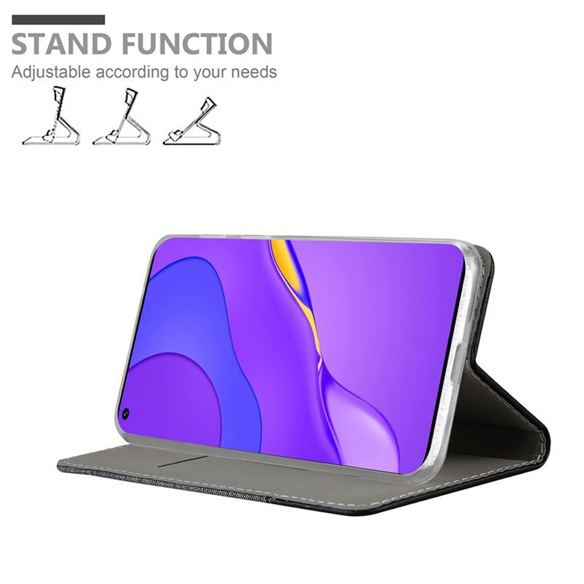 Handyhülle mit Standfunktion. Das Telefon befindet sich in der Hülle, der Bildschirm ist sichtbar.