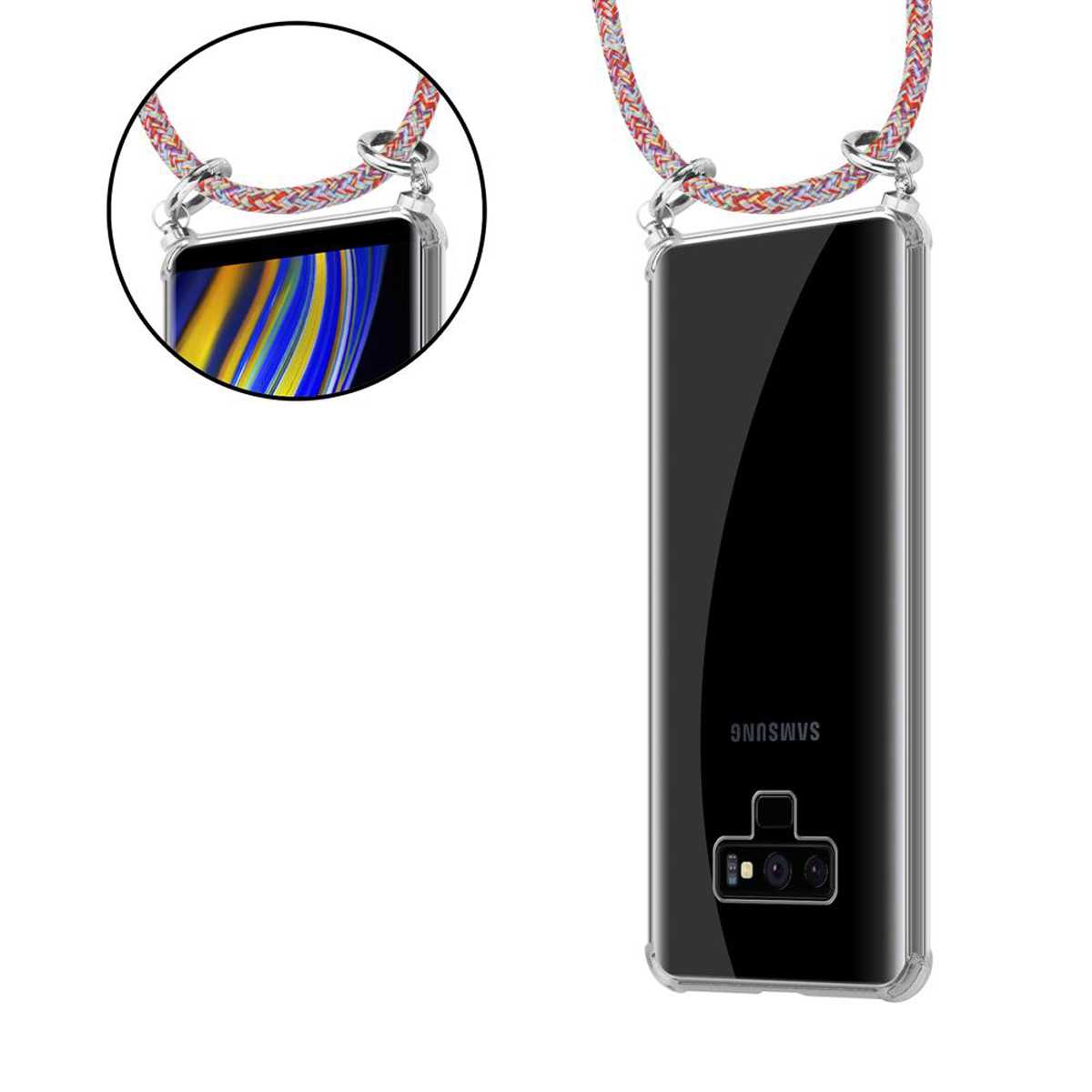 Ein Samsung-Telefon in einer transparenten Hülle mit mehrfarbiger Kordel. Das Telefon wird von hinten gezeigt.