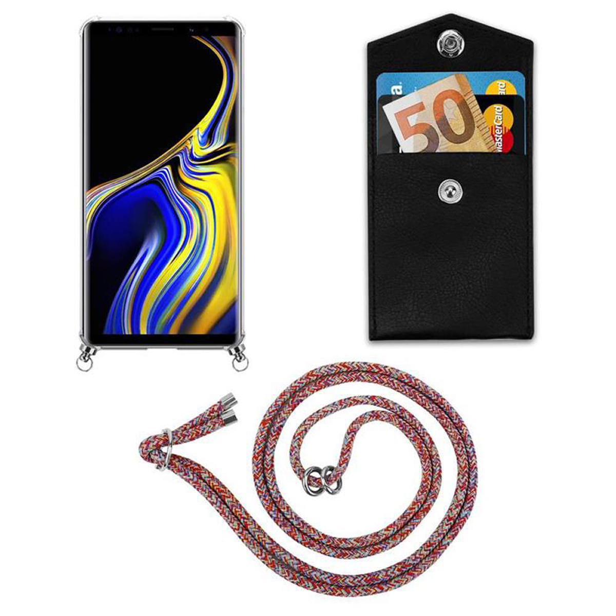 Telefon in Hülle mit Lanyard, schwarze Tasche mit Geld und Kreditkarten. Lanyard um.