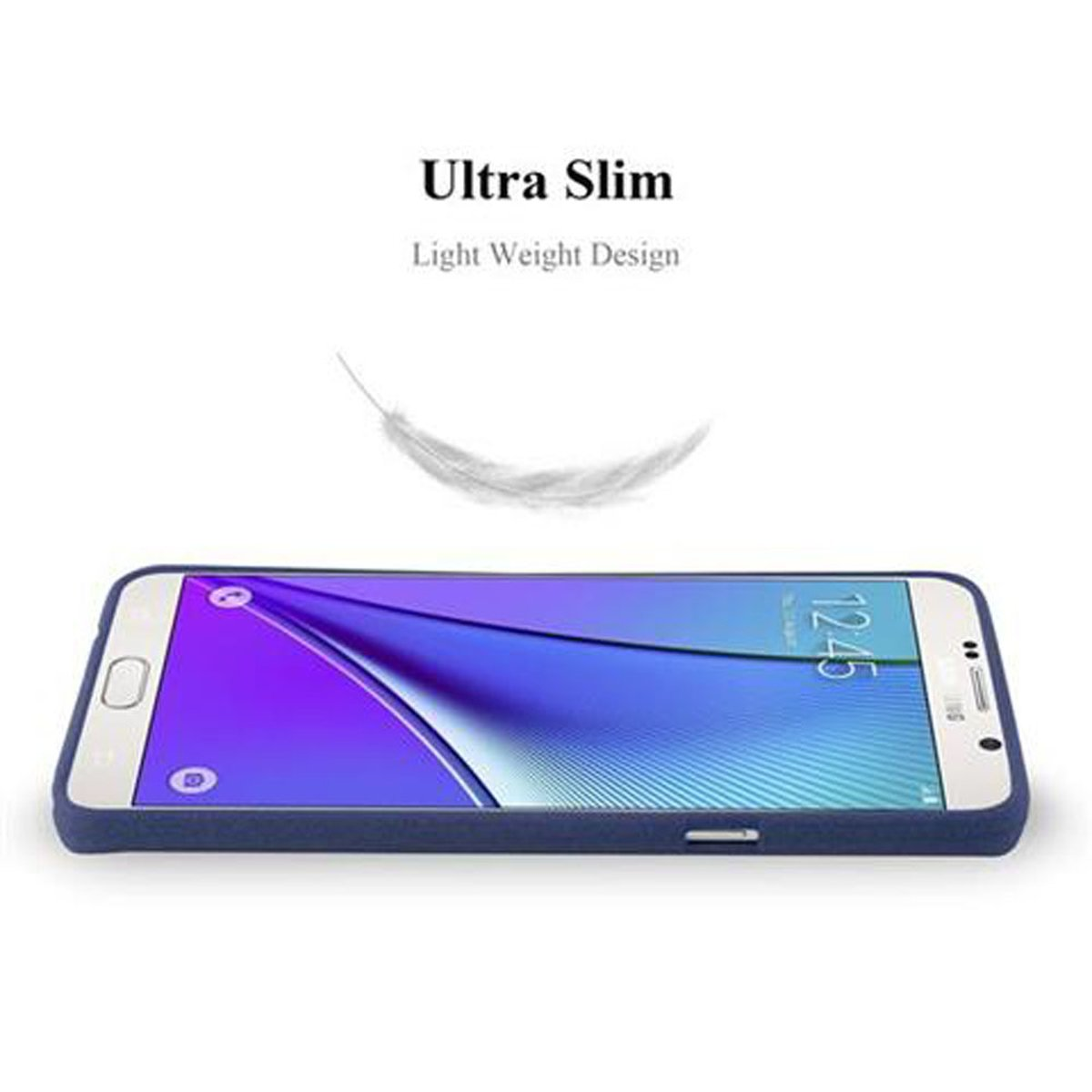 Teléfono azul en una funda azul. El texto dice 'Ultra Slim' y 'Light Weight Design'. Un gráfico de pluma en el fondo.
