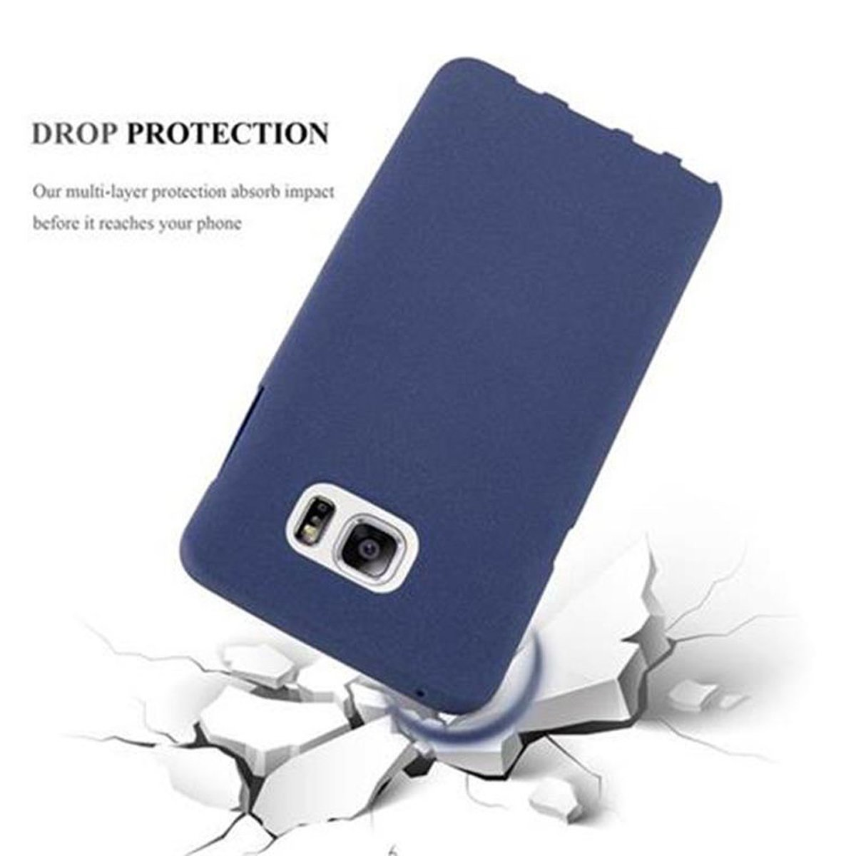 Una funda de teléfono azul oscuro sobre una superficie agrietada. El fondo es blanco.