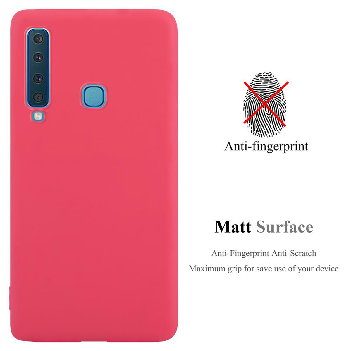 Una custodia per telefono rossa con funzione anti-impronta e testo, sfondo bianco.