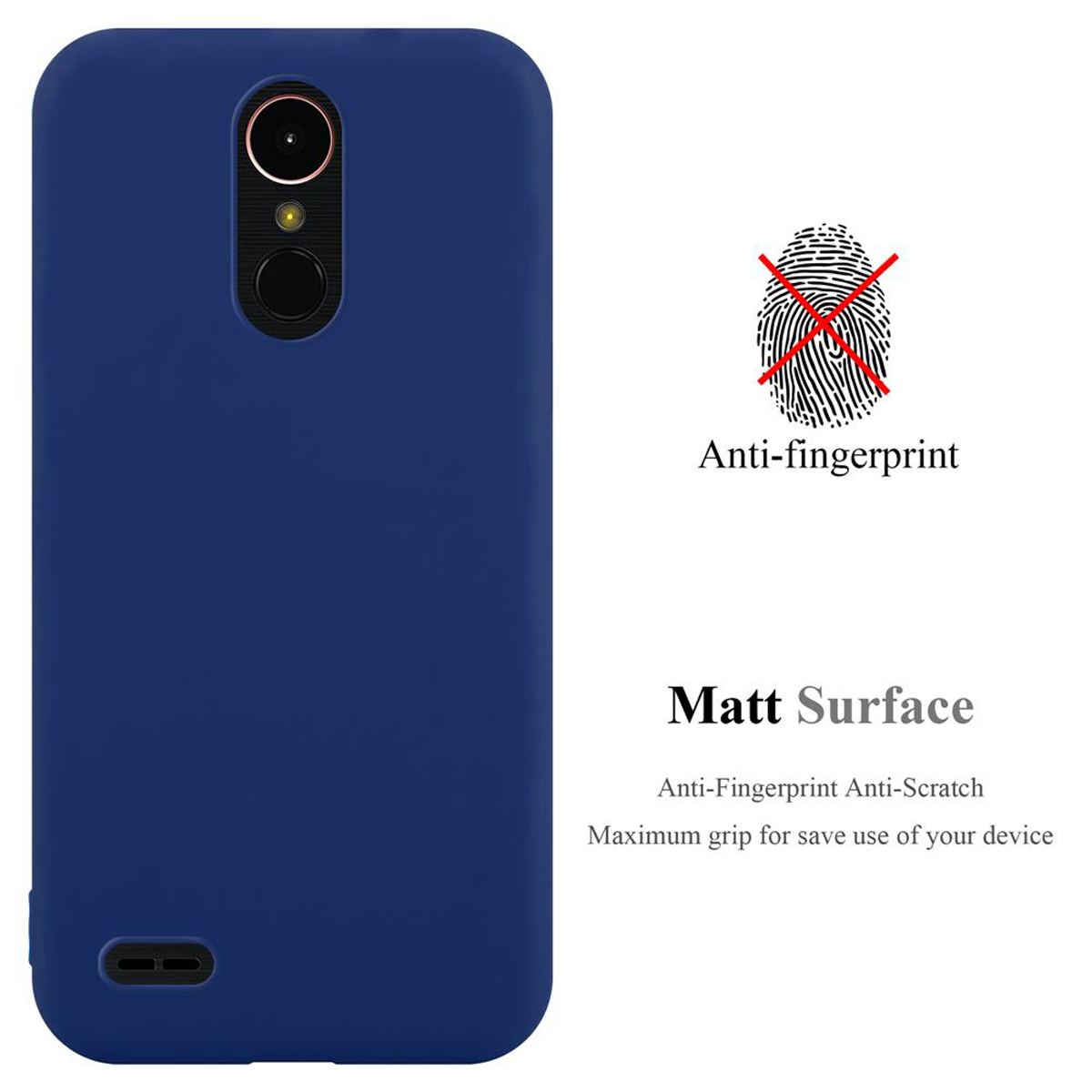 Eine blaue Handyhülle mit den Worten Matt Surface und Anti-Fingerprint sowie einem Fingerabdrucksymbol.