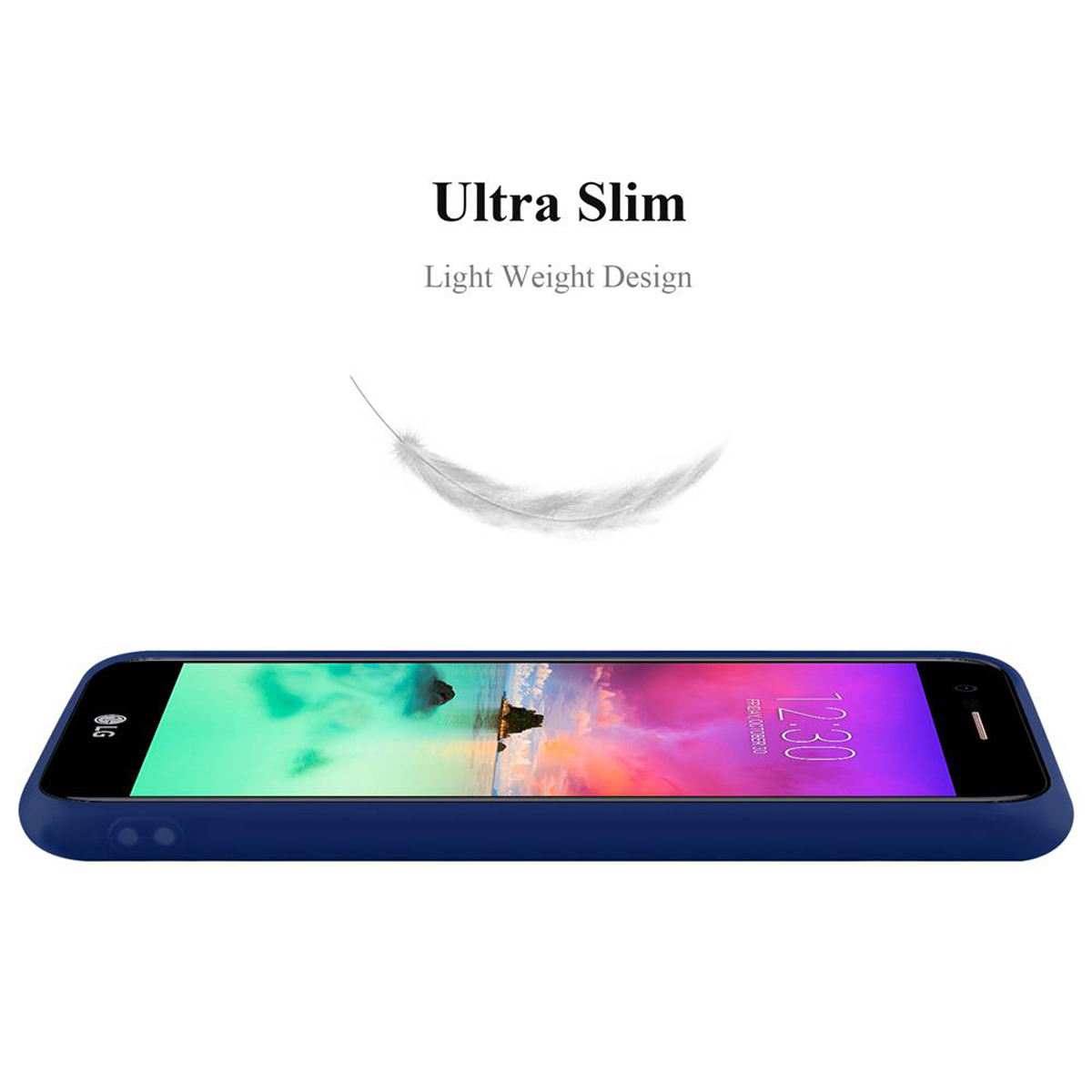 Eine blaue Handyhülle mit einer Feder und dem Text 'Ultra Slim, Light Weight Design'.