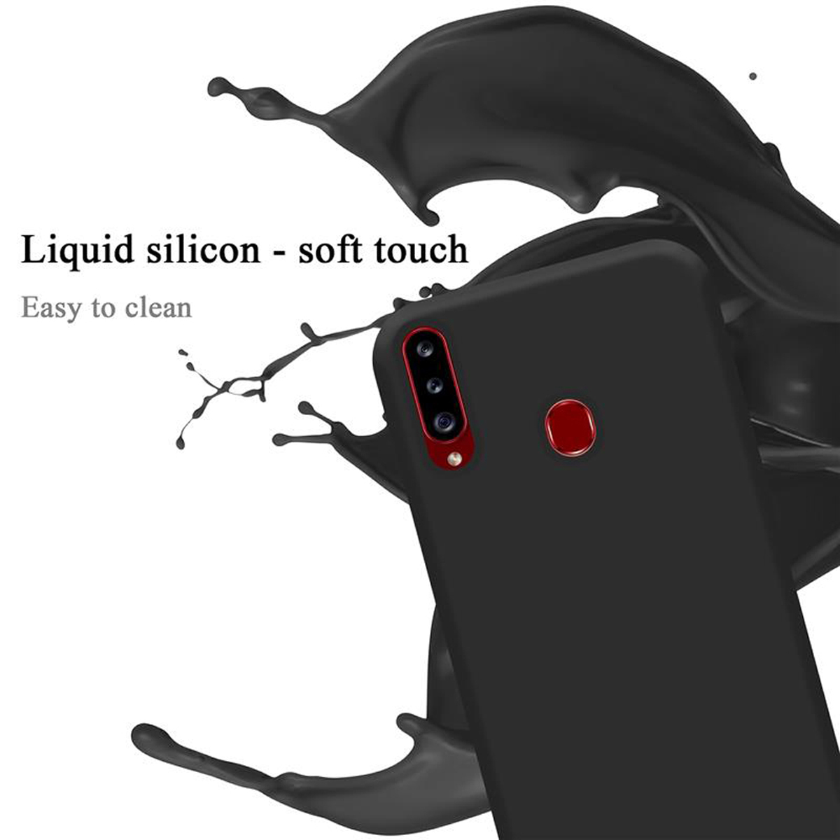 Custodia per telefono nera con schizzo di liquido nero. La custodia ha una tripla fotocamera.