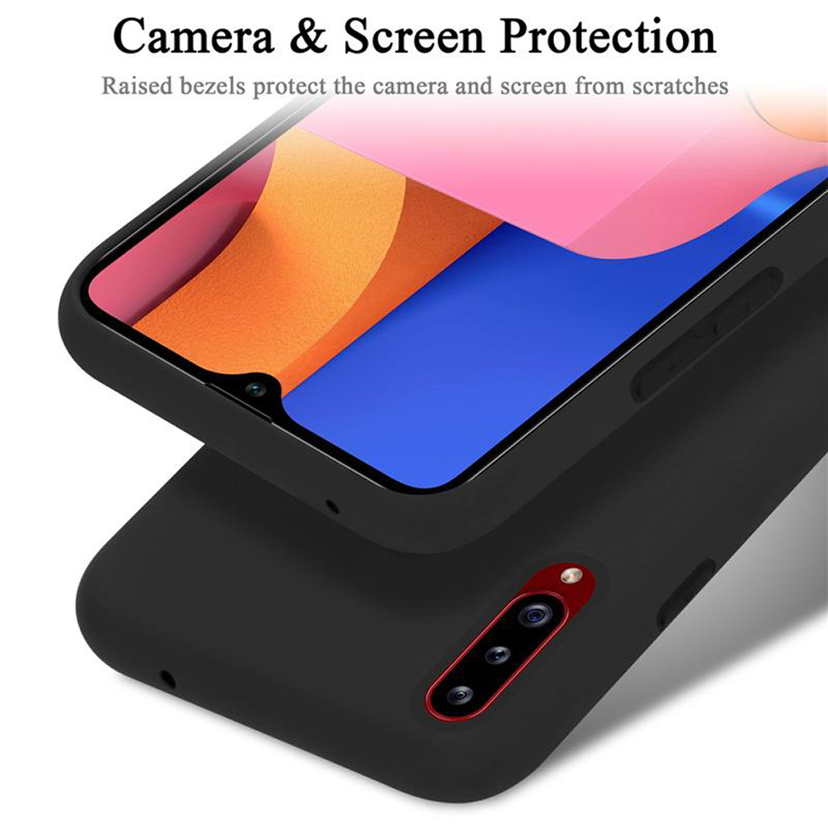 Custodia nera, vista angolata che mostra protezione fotocamera e schermo.
