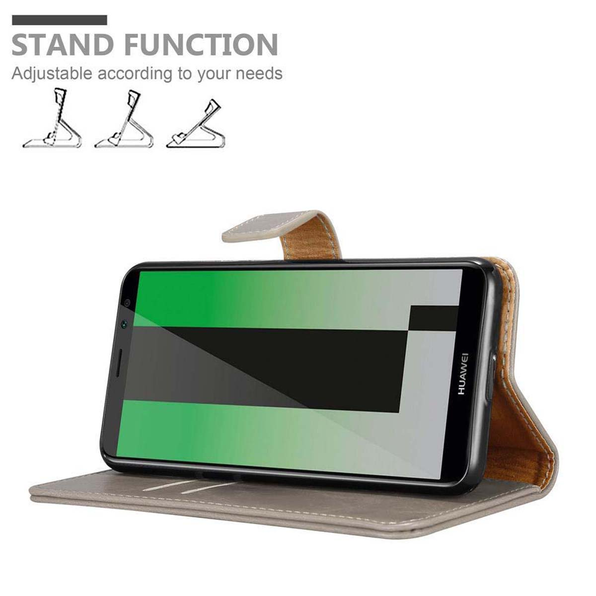 Telefono in custodia grigia, schermo mostra design verde e nero, su un tavolo.