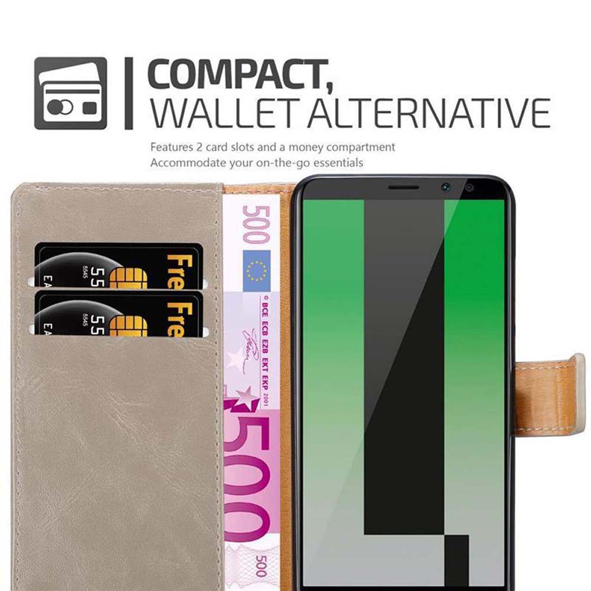 Custodia con carte e denaro. Testo: Compatto, alternativa al portafoglio. 2 slot, scomparto.