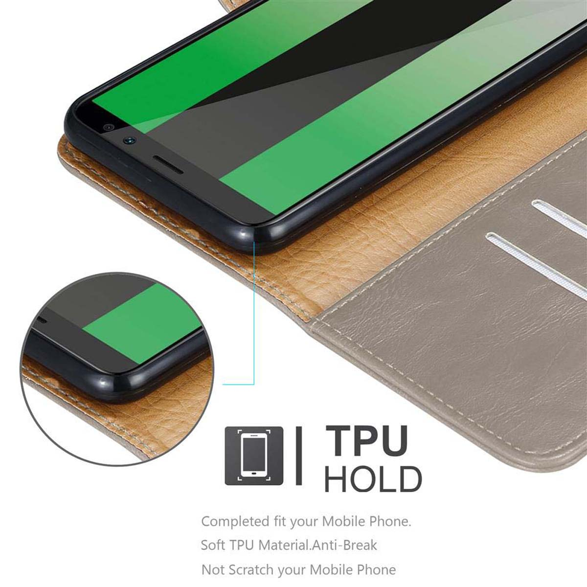 Telefono in una custodia marrone e grigia, con un design a libro aperto. Testo: 'TPU HOLD'.