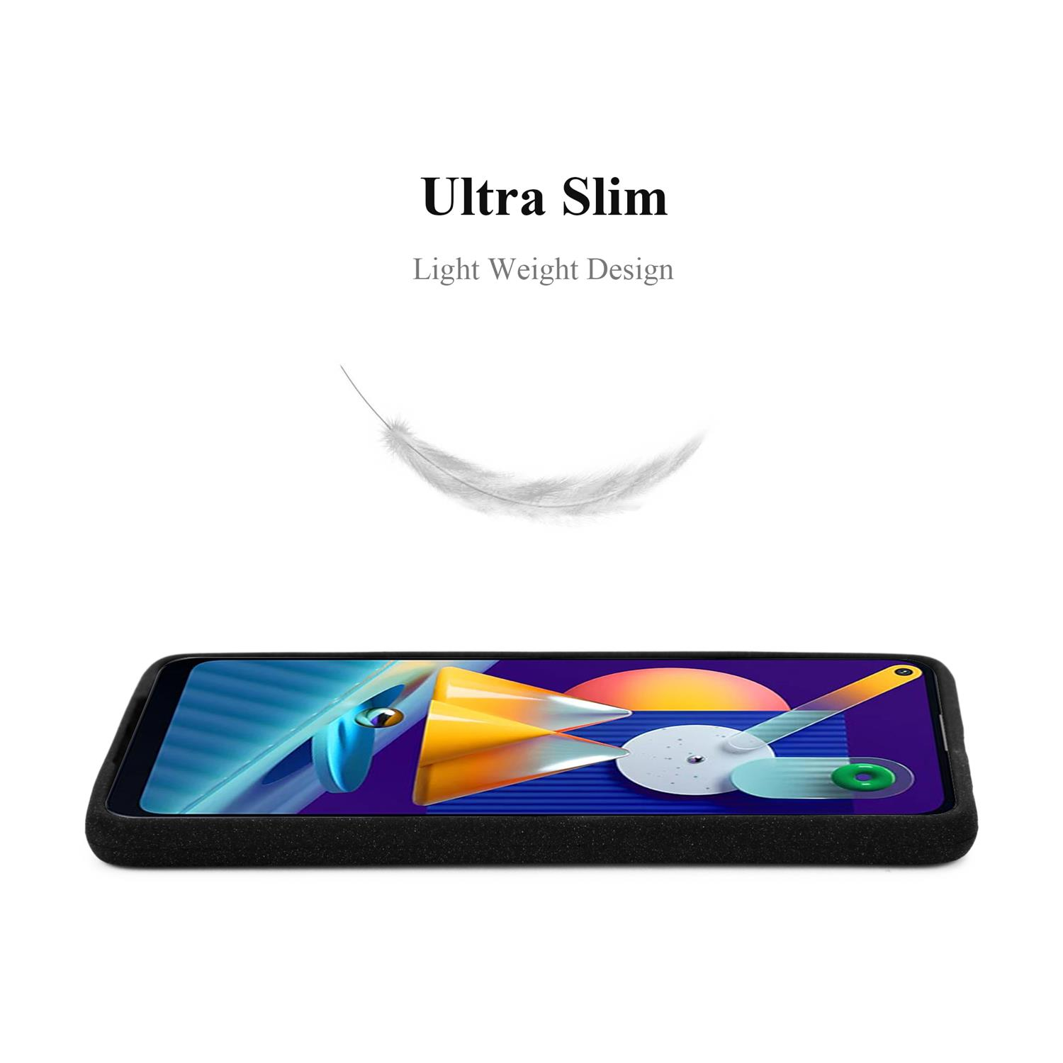 Una custodia nera per telefono con le parole 'Ultra Slim' e una grafica di piuma.
