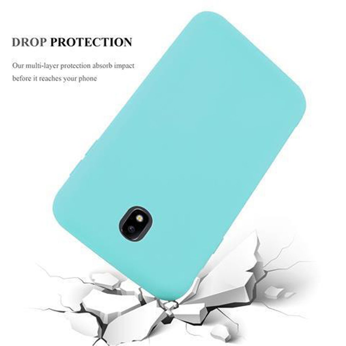 Una funda de teléfono turquesa sobre una superficie blanca, con grietas. La imagen sugiere protección contra caídas.