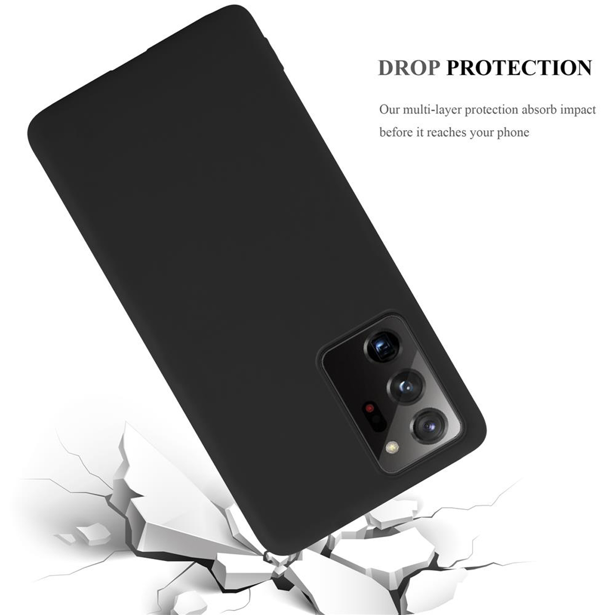 Una custodia nera viene colpita da una crepa. Sfondo bianco e testo: DROP PROTECTION.